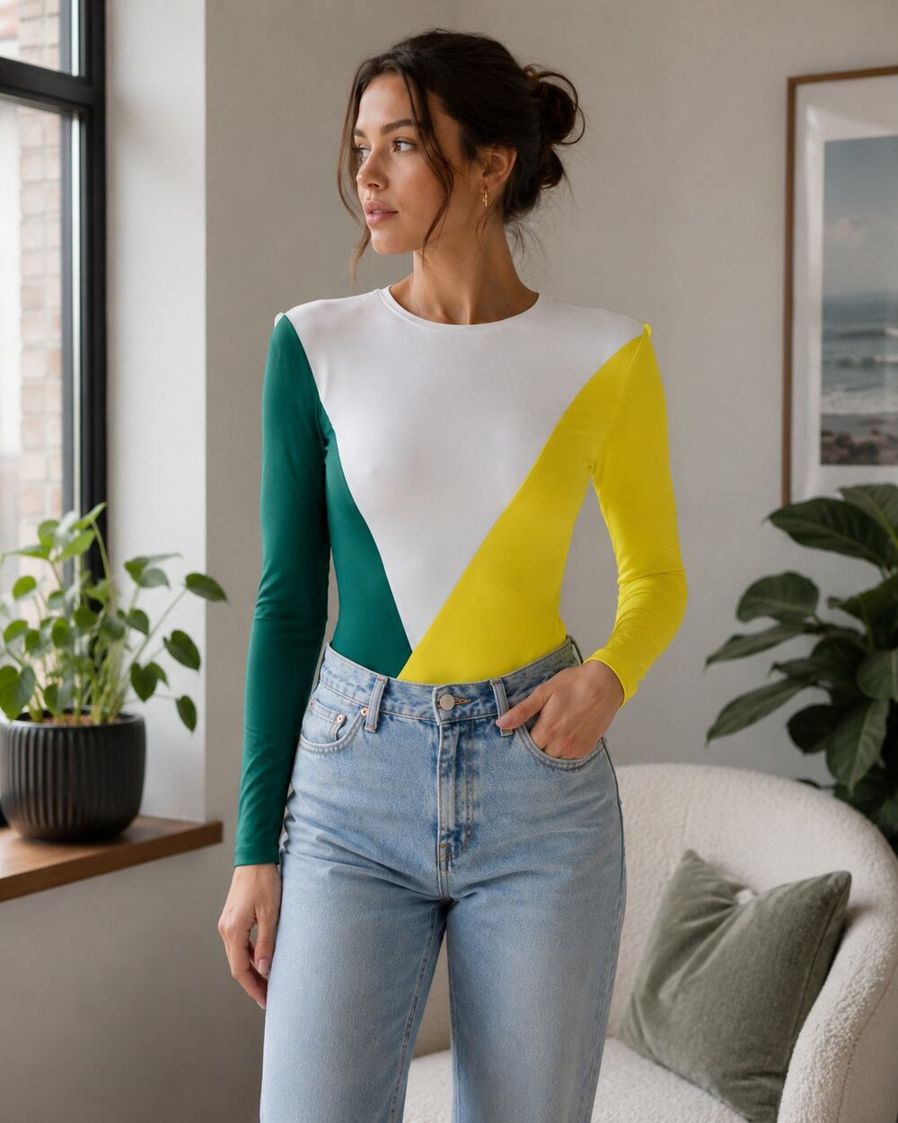 NWT Express Colorblock Bodysuit XXS Yellow Green White Shoulder Pad Long Sleeve